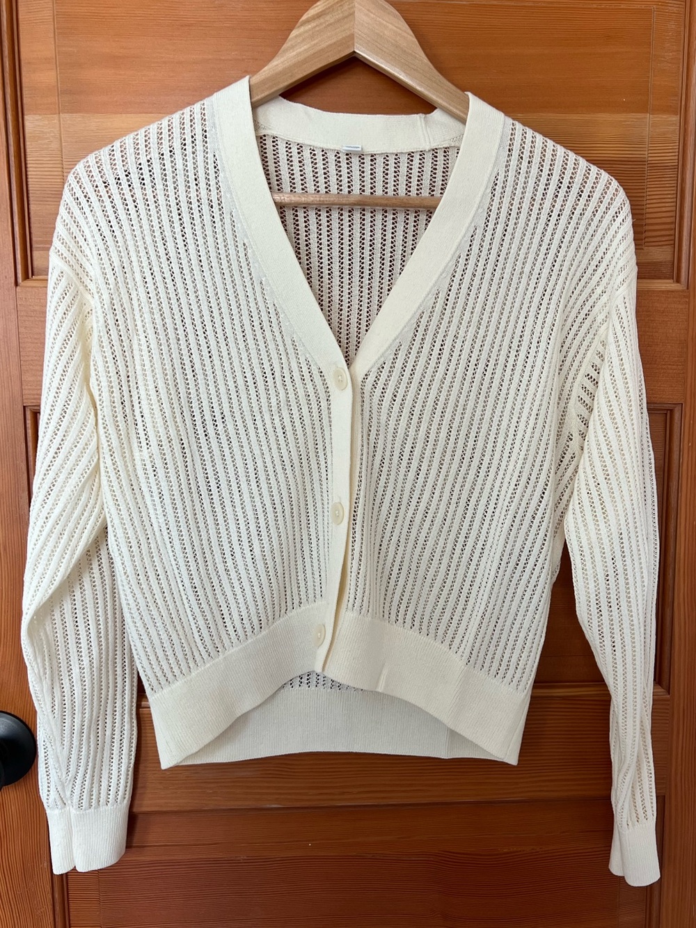 Uniqlo Cream Open-Knit V-Neck Button Front Cardigan